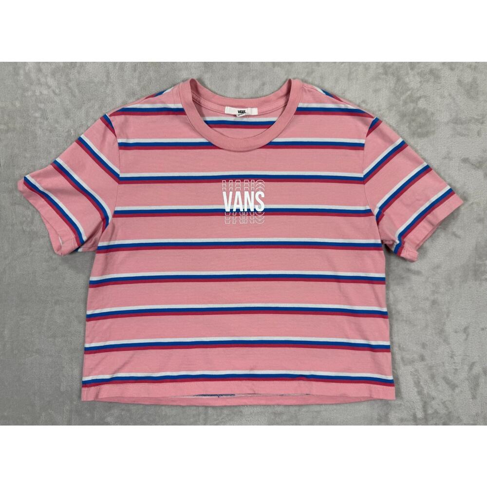 Vans Pink Striped Cropped Tee Womens Medium Short Sleeve Skate Casual Logo Top